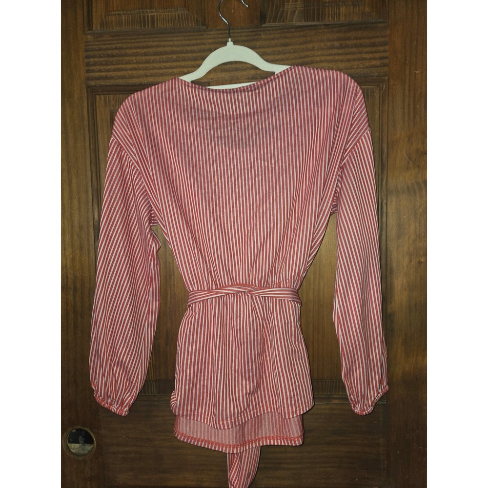 Ann Taylor Red White Striped Tie Waist Peplum Blouse Scoop Neck Bishop Sleeve - Picture 3 of 4